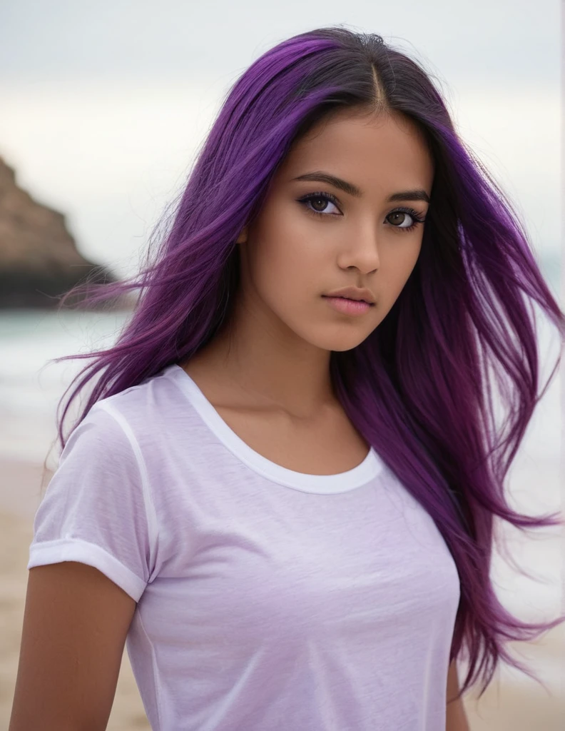 A photorealistic of a 21-year-old mexican girl sexy with long, flowing purple hair and striking dark eyes. She should have a natural, approachable expression and be illuminated by soft, The background should be a scenic outdoor setting, beach. Capture this image with a high-resolution photograph using an 85mm lens for a flattering perspective.