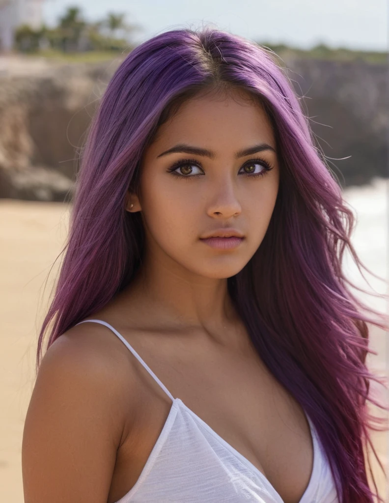 A photorealistic of a 21-year-old mexican girl sexy with long, flowing purple hair and striking dark eyes. She should have a natural, approachable expression and be illuminated by soft, The background should be a scenic outdoor setting, beach. Capture this image with a high-resolution photograph using an 85mm lens for a flattering perspective.