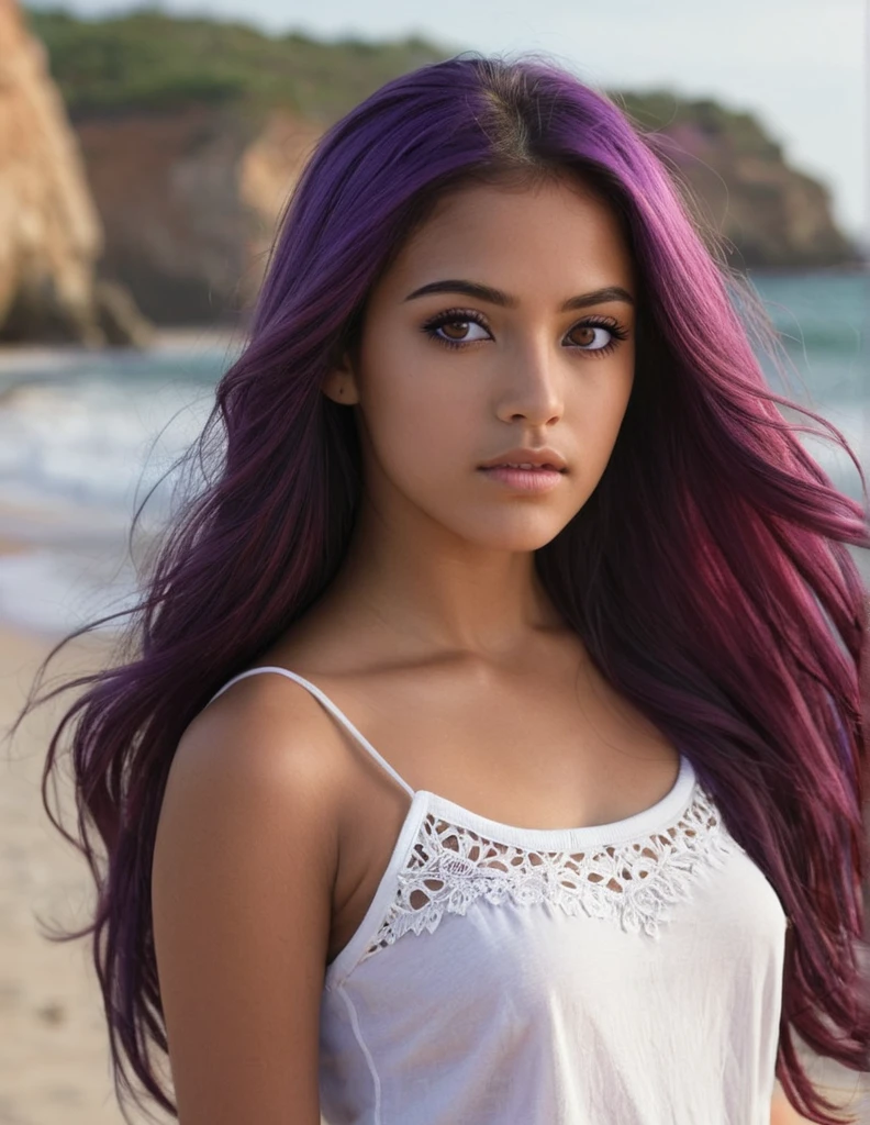 A photorealistic of a 21-year-old mexican girl sexy with long, flowing purple hair and striking dark eyes. She should have a natural, approachable expression and be illuminated by soft, The background should be a scenic outdoor setting, beach. Capture this image with a high-resolution photograph using an 85mm lens for a flattering perspective.