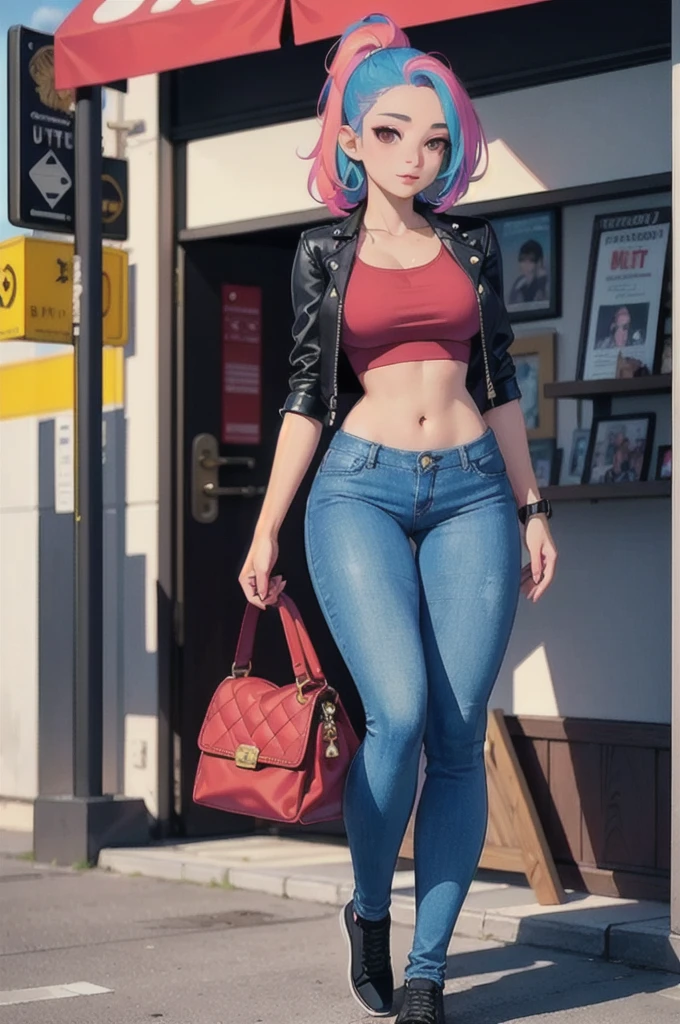 magenta tone、Vibrant colorasterpiece)))、(((Highest quality)))、((Ultra-detailed))、(Surreal)、(Highly detailed CG illustrations)、Official Art、CD cover、Urban Arts District、That will happen、Midsummer、stylish、glorious 1980s、Cool Beauty、Coquettie Gorgeous Beauty、Multicolored Hair、Rock and Roller、leather jacket、Tight jeans、Female Solo、The perfect angle、Perfect composition、