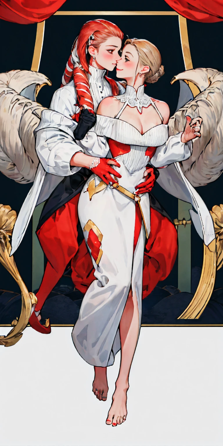 Body position: Standing, straight, symmetrical, barefoot, Lustful smile on face with red blush, 2 girls who gets married and stands in front of many people, nsfw, kissing