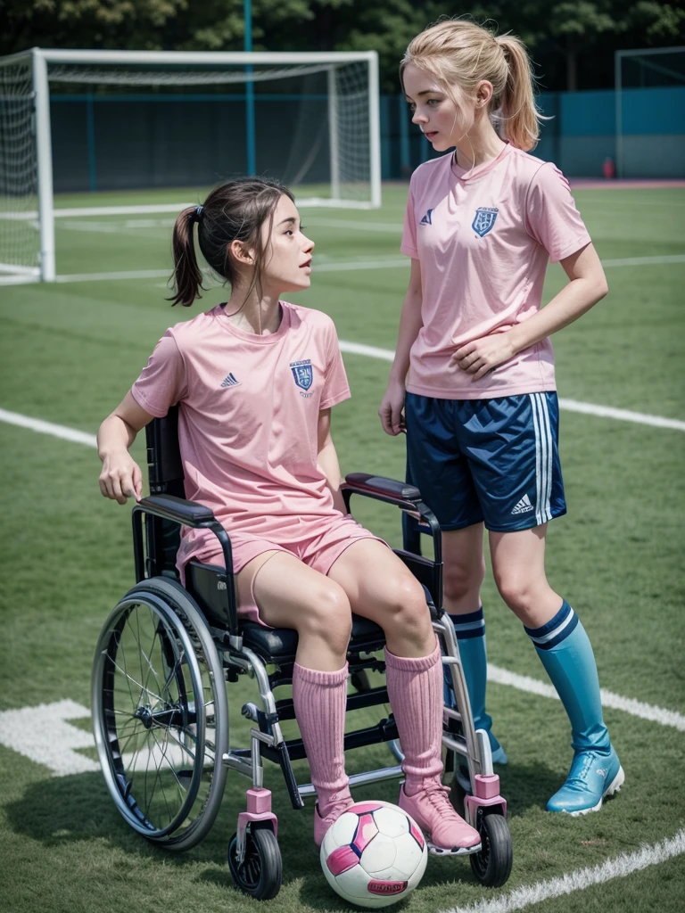 Imagine a wheelchair user with a pink shirt and blue boots playing football