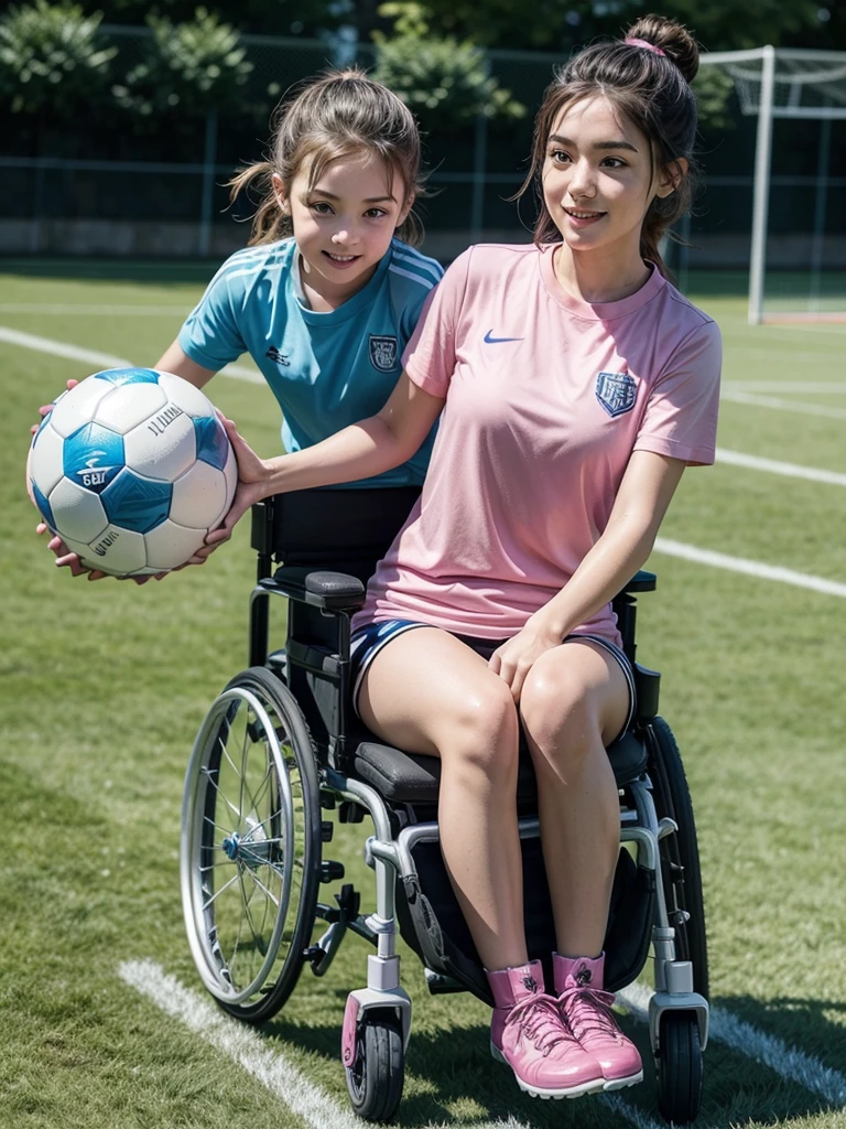 Imagine a wheelchair user with a pink shirt and blue boots playing football