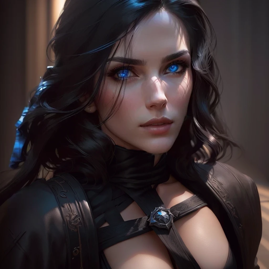 The image of a woman who has violet eyes and dark hair. Her gaze is directed towards shipping. She wears a sexy black sorceress outfit that shows off her large, sexy breasts and contrasts sharply with her skinny, sexy breasts. The background is minimalist, featuring a dark, smooth surface that further emphasizes the subject. yennefer, Yennefer of Vengerberg, 8k portrait rendering, cinematic bust portrait, 8k 3D rendering character art, cinematic realistic portrait, [4k photorealism], female character, mirabel madrigal rendering, 4k photorealism, 4k photorealism