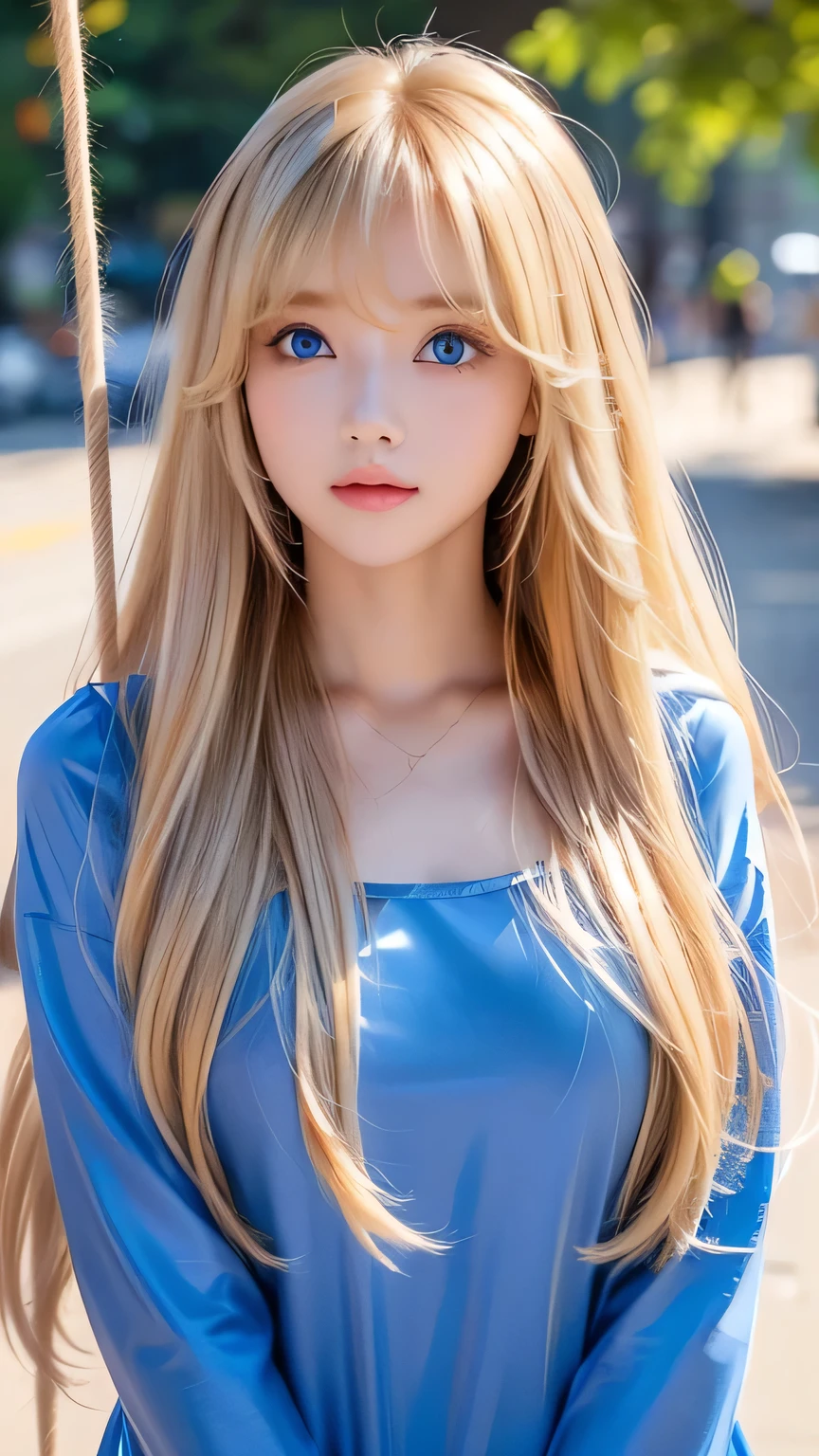 Very beautiful face、A beautiful girl、Super Long Hair、windy silky blonde super long hair、Swinging bangs、Cute sexy  blonde girl with bright blue eyes、Hair above the eyes、片Hair above the eyes、Hair between the eyes、Big bright blue eyes that sparkle so beautifully、eyeliner、Bright expression、