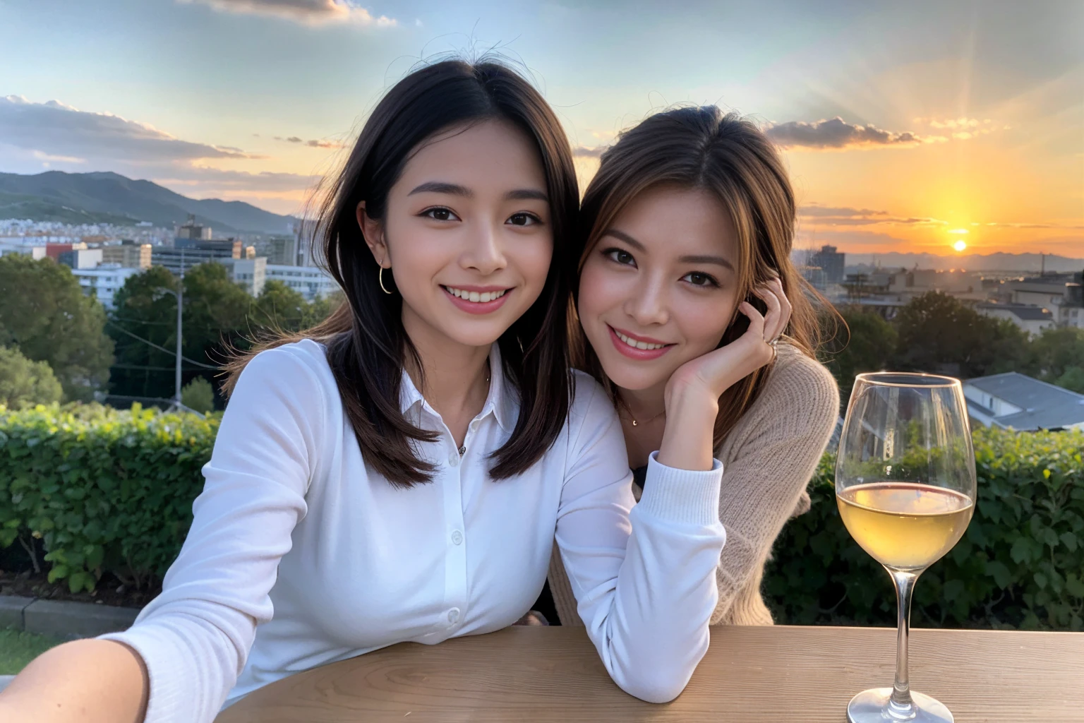 ((Highest quality、8K、masterpiece:1.3))、1 male 1 female,36 years old 39 years old、Slim Beauty、Beautiful couple、Upper Body、smile、 (Slim face), (the body is スリム), (Brown Hair), (Shortcuts), テーブルのフルコースディナーとwine glass、Amazing view of the sunset sky and clouds、smileの美しさ、Wine bottle、sparkling wine、Long sleeve shirt、dress、White wine, red wine, wine glass, Beautiful fine grain, Depth f/2,saturation, High Contrast, Strong light and shadow,Moist Body:1.5、 texture、The hair is very shiny、