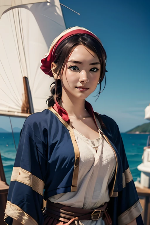 (Highest quality), (High detail), (Vibrant colors), (One girl), A cute female pirate sailing the high seas, High resolution, 4K,