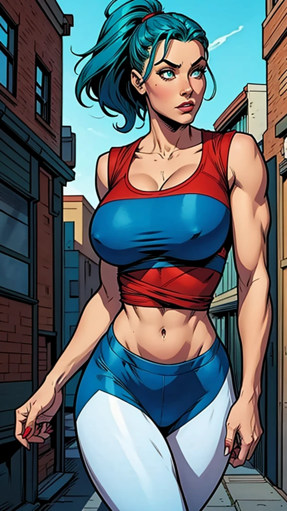 beautiful,eyes green,blue hair, red top and jogger, female,1girl, busty. Voluptuos. Comic style. Marvel comics.