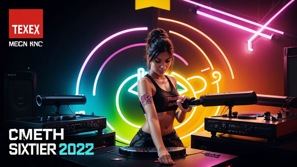 Music thumbnail image "Türkçe Pop Remix 2024". 24/7. Türkçe Pop Remix 2024 text above the image, using a bold and eye-catching font, the color contrasts with the background for easy reading. 24/7: Place this text in the middle or just below the main text, use a smaller font and appropriate color. and at the bottom is the "Türkçe Remix" channel logo. Neon yellow background to create a dynamic feeling. Place a microphone or speaker image in the center or one side of the image to create emphasis. Ambient lighting or bokeh effects to highlight the main image. Add moving lines or sound wave effects for added excitement. Add symbols such as music notes and records to enrich the image.