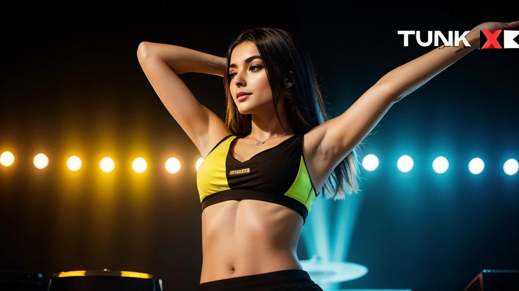 Music thumbnail image "Türkçe Pop Remix 2024". 24/7. Türkçe Pop Remix 2024 text above the image, using a bold and eye-catching font, the color contrasts with the background for easy reading. 24/7: Place this text in the middle or just below the main text, use a smaller font and appropriate color. and at the bottom is the "Türkçe Remix" channel logo. Neon yellow background to create a dynamic feeling. Place a microphone or speaker image in the center or one side of the image to create emphasis. Ambient lighting or bokeh effects to highlight the main image. Add moving lines or sound wave effects for added excitement. Add symbols such as music notes and records to enrich the image.