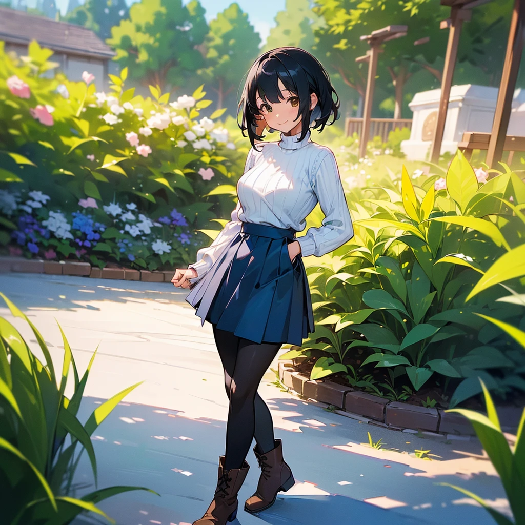 (high quality, High resolution, Very detailed, reality:1.37), Peaceful atmosphere, (Outdoor, garden), Teenage girl standing alone, (my breasts are big.), Beautiful details, Cute Smile, (Black bob hair), Ribbed sweater, Blue Skirt, Black tights, Brown boots.