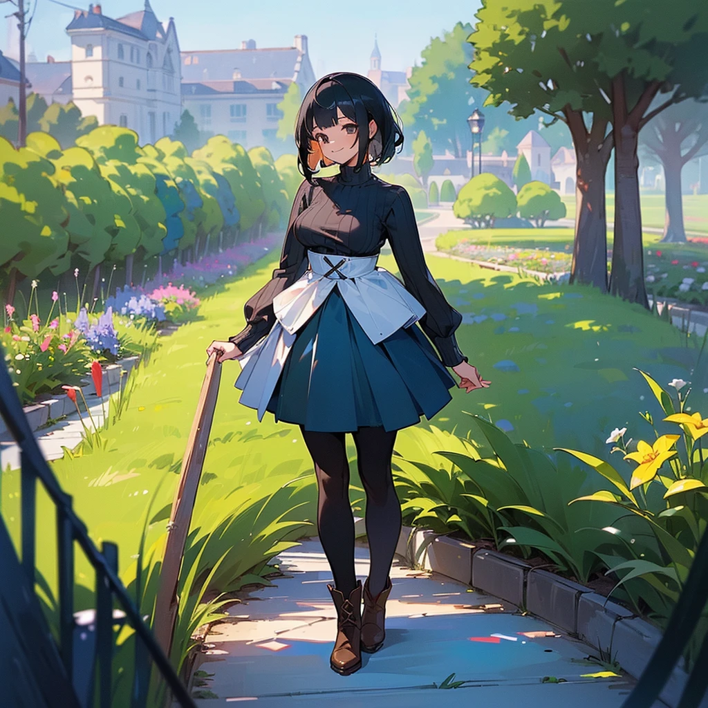 (high quality, High resolution, Very detailed, reality:1.37), Peaceful atmosphere, (Outdoor, garden), Teenage girl standing alone, (my breasts are big.), Beautiful details, Cute Smile, (Black bob hair), Ribbed sweater, Blue Skirt, Black tights, Brown boots.