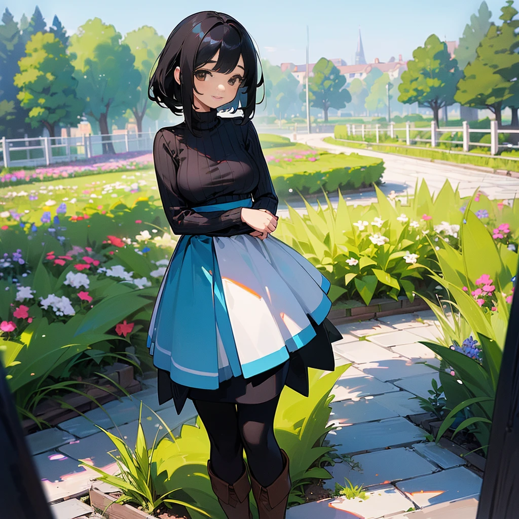 (high quality, High resolution, Very detailed, reality:1.37), Peaceful atmosphere, (Outdoor, garden), Teenage girl standing alone, (my breasts are big.), Beautiful details, Cute Smile, (Black bob hair), Ribbed sweater, Blue Skirt, Black tights, Brown boots.