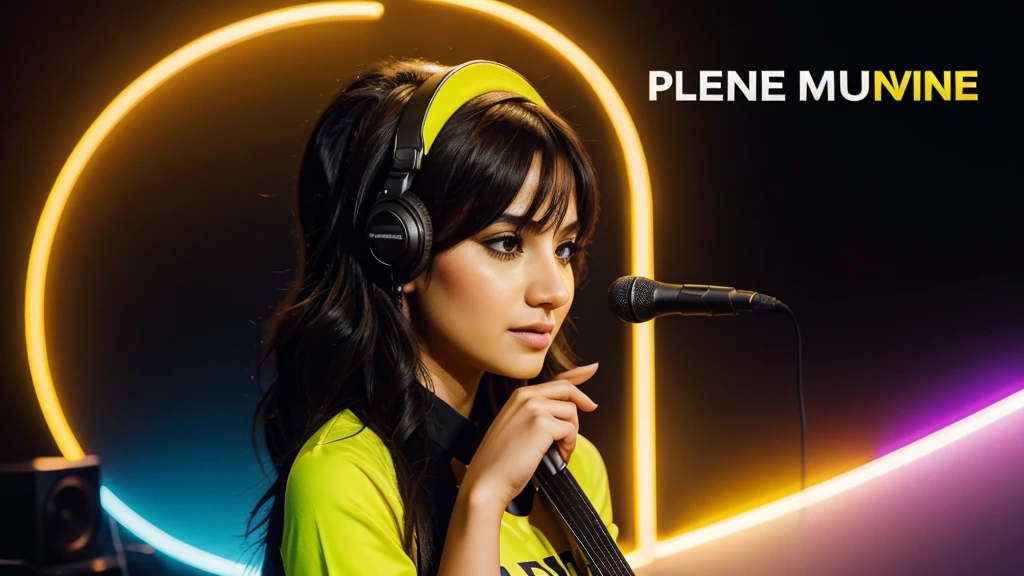 Music thumbnail image "Türkçe Pop Remix 2024". 24/7. Türkçe Pop Remix 2024 text above the image, using a bold and eye-catching font, the color contrasts with the background for easy reading. 24/7: Place this text in the middle or just below the main text, use a smaller font and appropriate color. and at the bottom is the "Türkçe Remix" channel logo. Neon yellow background to create a dynamic feeling. Place a microphone or speaker image in the center or one side of the image to create emphasis. Ambient lighting or bokeh effects to highlight the main image. Add moving lines or sound wave effects for added excitement. Add symbols such as music notes and records to enrich the image.