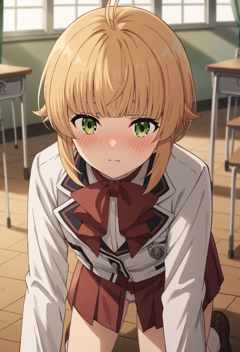 NSFW，from behind，
norngreyrat, norn greyrat, bangs, blonde hair, green eyes, ahoge,
long sleeves, bow，jacket, bowtie, red bow, skirt, red skirt, white jacket,
indoors, classroom, (embrassing,blush:1.2),(vapor:0.8),(Wet:0.8),(Sweat:0.8)，all fours，show off your panties，cute panties，
looking at viewer