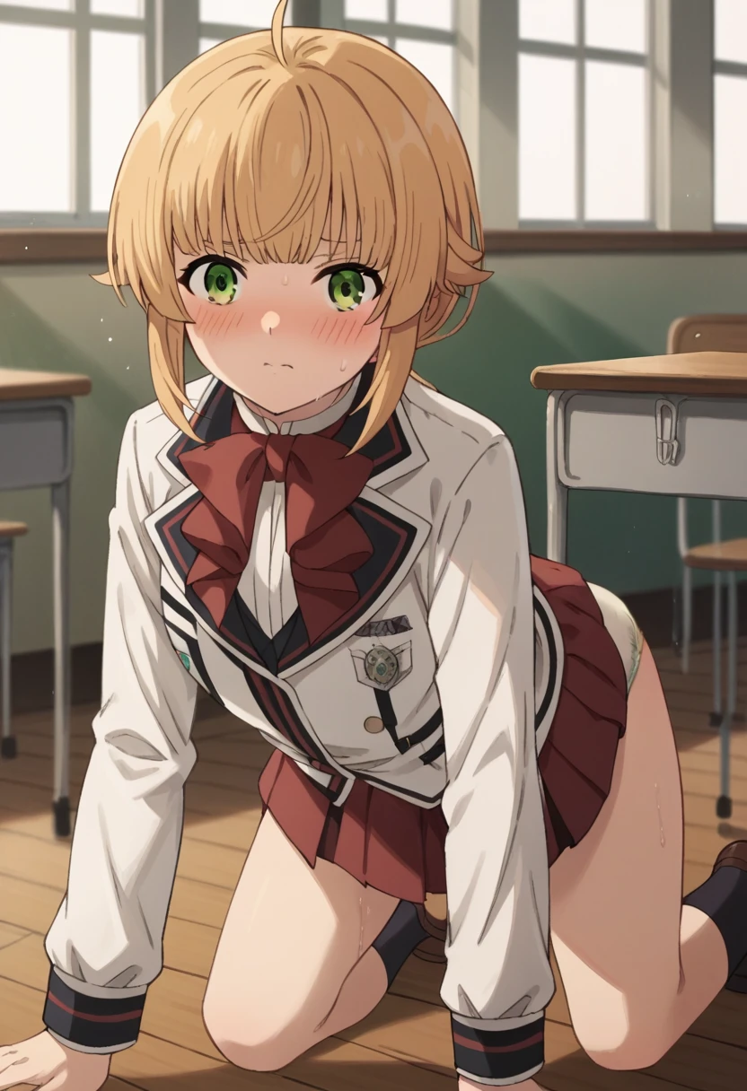 NSFW，from behind，
norngreyrat, norn greyrat, bangs, blonde hair, green eyes, ahoge,
long sleeves, bow，jacket, bowtie, red bow, skirt, red skirt, white jacket,
indoors, classroom, (embrassing,blush:1.2),(vapor:0.8),(Wet:0.8),(Sweat:0.8)，all fours，show off your panties，cute panties，
looking at viewer