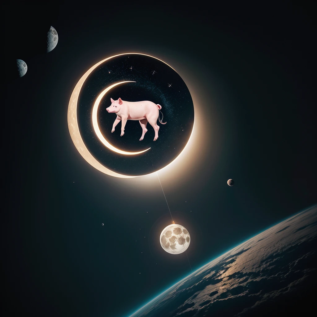 The logo consists of a circle that represents the moon, inside which is a pig flying in outer space. The pig symbolizes originality and creativity, while outer space evokes a sense of adventure and exploration. The design is modern, with vibrant colors and a unique style that makes it memorable and eye-catching. the name of the product "A circle and inside the circle a pig flying in outer space near the moon" presented in an elegant and sophisticated way, reinforcing the image of a leading and popular brand in the shirt market.