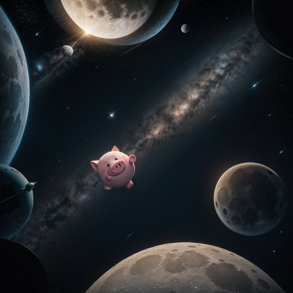 The logo consists of a circle that represents the moon, inside which is a pig flying in outer space. The pig symbolizes originality and creativity, while outer space evokes a sense of adventure and exploration. The design is modern, with vibrant colors and a unique style that makes it memorable and eye-catching. the name of the product "A circle and inside the circle a pig flying in outer space near the moon" presented in an elegant and sophisticated way, reinforcing the image of a leading and popular brand in the shirt market.