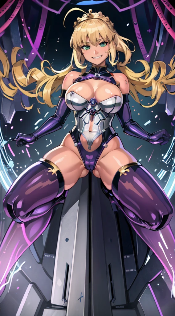 (Highest quality:1.3), Artoria Pendragon by Gate, ((Ahego)), Big Breasts, Cleavage, Fascinating, sexy face, sexy, Curved body, big ass, big , (Bodysuits), (graduate School), Grin、With a creepy smile, A smile with downturned corners, Spread your legs,Open your chest wide,culture tank,Anatomically correct,