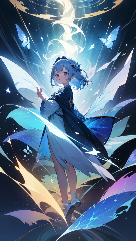 Highest quality,masterpiece,colorful,The background is the deep blue sea,Transparency,Use HDR technology to create a sense of depth,beautiful,beautiful自然,5 year old girl,Alone,Wearing a wizard's robe,Stand in the center of the screen,The whole body faces this way,Look diagonally forward to the left,Put your right hand forward in a three-dimensional way,A star-like light from the right,Light magic from the right hand,Narrow and gentle eyes,mysterious,Silver hair decorated with blue flowers,Fantasy atmosphere,beautiful虹色の蝶々is flying in the air