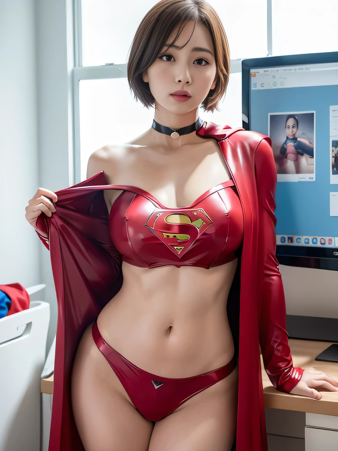 masterpiece、Rubber Supergirl Costume、Short Hair、Hospital operating table、Crisis situation、Big and ample breasts、looking at the camera、Shiny、Off the shoulder、choker、Long sleeve、exy poses to seduce、Sweaty skin、Model Body Type、Alluring、charm、Enchanting、Abused、test subject、victim、Wild、Photorealistic、latex、Expose your belly、athlete、Racing Bloomers、Photo magazine cover、Red cloak、Beautiful thighs、wallpaper for pc、