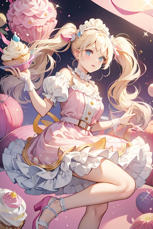Dollop is a fair-skinned girl with fully pale pink cheeks and black button eyes. Her hair is platinum blonde with curved bangs. Her hair is styled in cupcake swirl-shaped pigtails, which are held with pink ribbons.

Dollop wears a soft pink dress with a puffy skirt and short-sleeved ruffles. Her collar and belt are pastel yellow, matching her yellow sandals with meringue decorations at the toe. SPARKLE; GLITTER