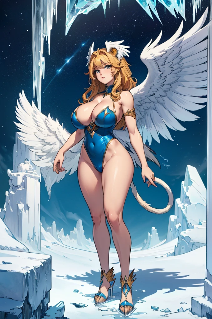 (masterpiece, best quality, high resolution, ((full body, standing,))((huge breasts ))1 fantasy griffin made of ice, eagle head, aeon tail, 4-legged lion body, eagle claws, large wings with wings , powerful appearance made of ice,,((whole body))