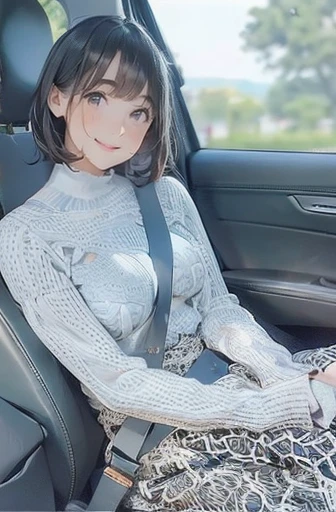 (Browsing Caution:1.5), ((Highest quality, masterpiece, 8K, High resolution, detailed)), ((Photo of a beautiful girl sitting in the passenger seat of a car)), ((Beautiful girl wearing knitwear)), (A knitted top that shows the outline of your bra:1.2), (Tight mini skirt),Turtleneck knit, Sleeveless knitwear,  high school girl, (Big breasts with tension), Beautiful and distortion-free face, Young and sexy gravure idol, Young and cute gravure idol, Realistic young gravure idol, Young and thin gravure idol, realistic sensual gravure idol, Japanese Goddess, Sexy Girl,(Natural Side Lighting, Cinema Lighting), Written boundary depth, Looking at the audience, 1 Girl, Japanese, ((Bob Hair)), Perfect Face, Cute symmetrical face, Pale skin, Shiny skin, Asymmetrical bangs, Big eyes, Droopy eyes, Long eyelashes, thin, Beautiful Hair, Beautiful Face, Beautiful and beautiful eyes, Beautiful clavicle, Beautiful body, Beautiful breasts, Beautiful thighs, Beautiful legs, Beautiful fingers, (Beautiful views), evening, Droopy eyes, 