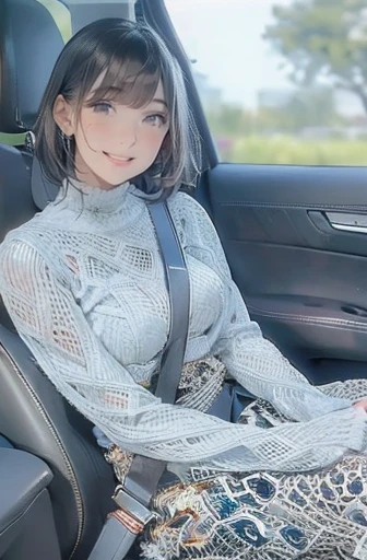 (Browsing Caution:1.5), ((Highest quality, masterpiece, 8K, High resolution, detailed)), ((Photo of a beautiful girl sitting in the passenger seat of a car)), ((Beautiful girl wearing knitwear)), (A knitted top that shows the outline of your bra:1.2), (Tight mini skirt),Turtleneck knit, Sleeveless knitwear, 16 year old high school girl, (Big breasts with tension), Beautiful and distortion-free face, Young and sexy gravure idol, Young and cute gravure idol, Realistic young gravure idol, Young and thin gravure idol, realistic sensual gravure idol, Japanese Goddess, Sexy Girl,(Natural Side Lighting, Cinema Lighting), Written boundary depth, Looking at the audience, 1 Girl, Japanese, ((Bob Hair)), Perfect Face, Cute symmetrical face, Pale skin, Shiny skin, Asymmetrical bangs, Big eyes, Droopy eyes, Long eyelashes, thin, Beautiful Hair, Beautiful Face, Beautiful and beautiful eyes, Beautiful clavicle, Beautiful body, Beautiful breasts, Beautiful thighs, Beautiful legs, Beautiful fingers, (Beautiful views), evening, Droopy eyes,