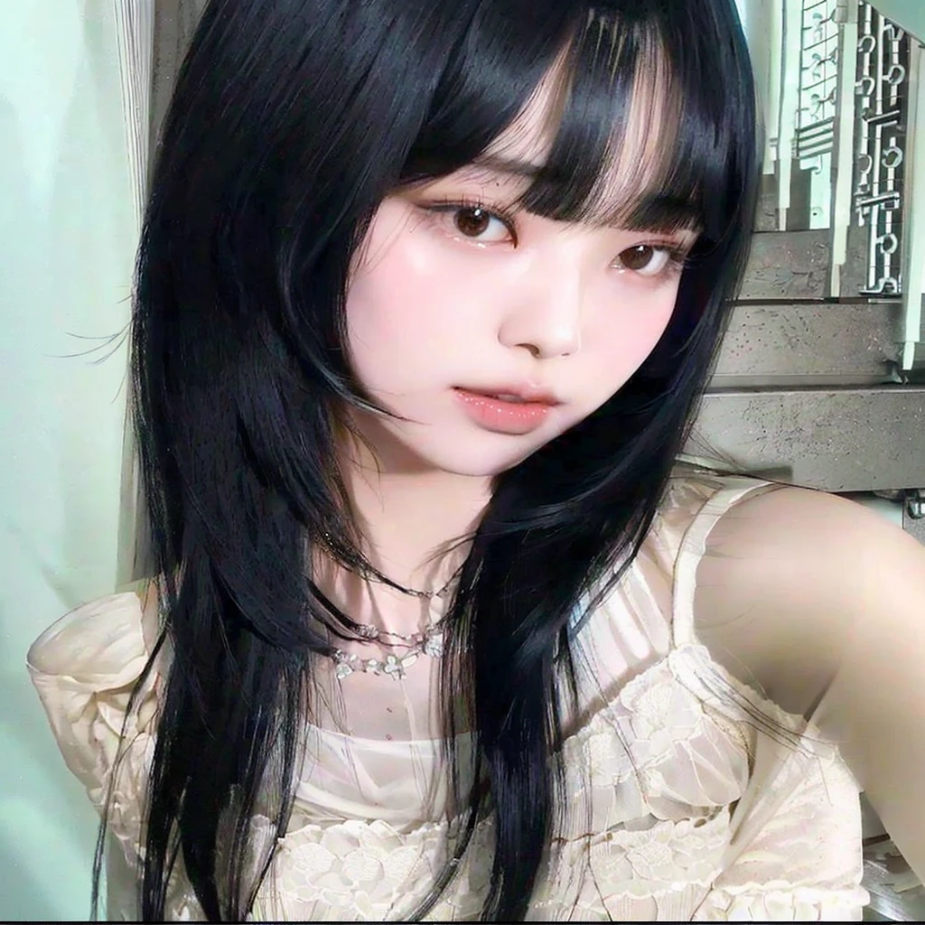 arafed asian woman with long black hair and a necklace, black hime cut hair, she has black hair with bangs, the hime cut, ulzzang, white hime cut hairstyle, sui ishida with black hair, long black hair with bangs, cruel korean goth girl, hair blackbangs hair, with bangs, long hair with bangs, long dark hair with bangs