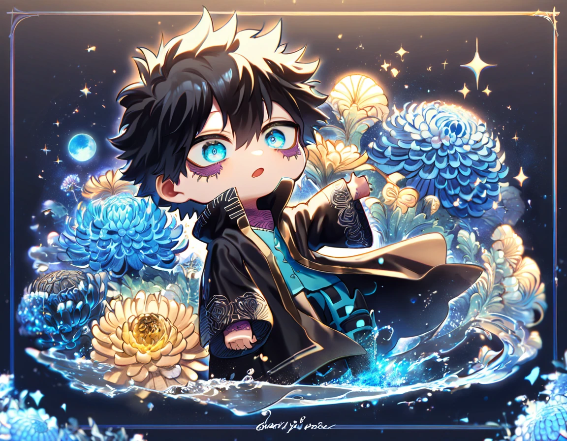 absurdres, highres, ultra detailed, HDR, master piece, best quality, extremely detailed, Dabi chibi, black hair, expressive turquoise eyes, Boku No Hero Academia, solo, boy, cute, black coat, fantasy, water, sparkling, blue glittering fireflies, blue moon, blue blossoms, blue chrysanthemums, blue sparkling lights, starry sky