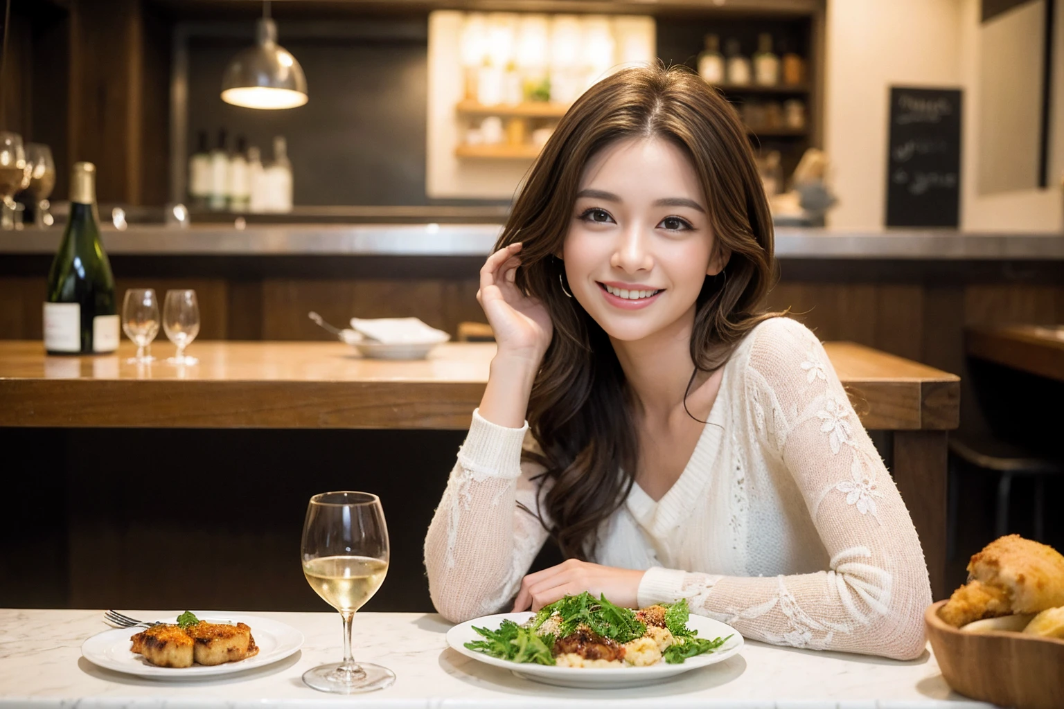 ((Highest quality、8K、masterpiece:1.3))、cute、slimカップル、modelカップル、actress男優、(Realistic, Intricate details:1.2), full-course dinner、Wine Party、Amazing view of the sunset sky and clouds、A bright smile、short hair,Bright Face、 (Age 45), 42 years old, red wine 、Appetizers、Italian food、Wine bottle、Champagne、sparkling wine、Two beauties、Brown Hair、Shortcuts、Long sleeve shirt、dress、Beautiful woman 1, (slimな顔), (The body is slim), (Brown Hair), (Shortcuts), cheeks turn a little red,Attractive beauty、restaurant, In a prominent place (From the waist up) Nova Frog Style, actress, model, Upper Body, White wine, slim, wine glass, 中央に置かれたwine glass, smile, (smile: 1.15), Beautiful fine grain, Depth f/2,saturation, High Contrast, Strong light and shadow,Moist Body:1.5、3D texture、Delicate eyes、Brown Hair、The hair is very shiny、