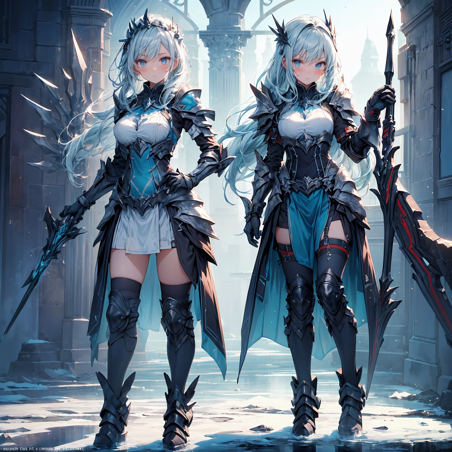 (((masterpiece, best quality, high detailed, 8k))) Design a layout showcase Gaming character, (1girl). Blue|White clothes, stylish and unique. ((showcase weapon:1.4)), ice spear. (masterpiece:1.2), (best quality), 4k, ultra-detailed. (Step by step design, layout art:1.5), (luminous lighting, atmospheric lighting). ice queen, ((glove full hands)), (((revealing clothes:1.3))), vambraces, armored legwear, (((full_body_shot:1.4))). {On a frozen lake}.