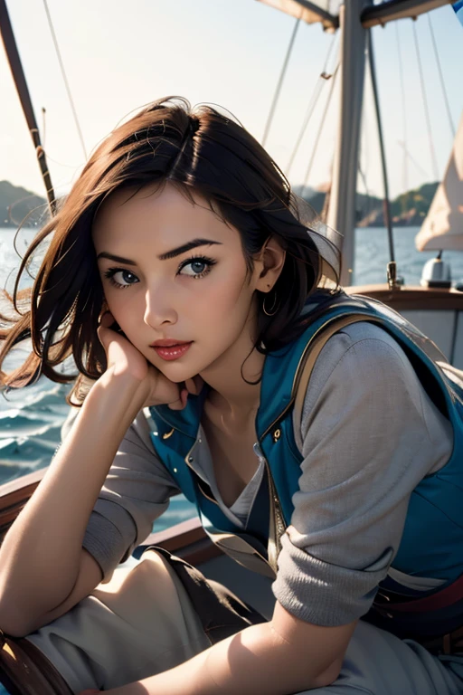 (Highest quality), (High detail), (Vibrant colors), (One girl), A cute female pirate sailing the high seas, High resolution, 4K, Head to Knee,