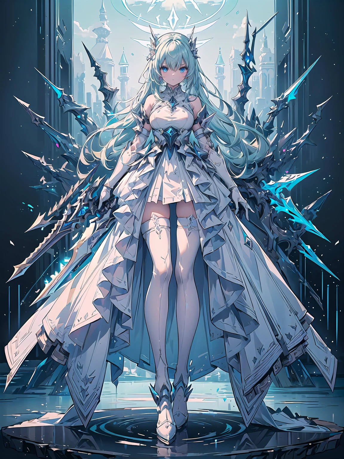 (((masterpiece, best quality, high detailed, 8k))) Design a layout showcase Gaming character, (1girl). Blue|White clothes, stylish and unique. ((showcase weapon:1.4)), ice spear. (masterpiece:1.2), (best quality), 4k, ultra-detailed. (Step by step design, layout art:1.5), (luminous lighting, atmospheric lighting). ice queen, ((glove full hands)), (((revealing clothes:1.3))), vambraces, armored legwear, (((full_body_shot:1.4))). {On a frozen lake}.
