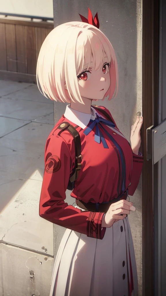 chisatonishikigi, nishikigi chisato, short hair, bangs, blonde hair, (red eyes:1.5), hair ribbon, one side up, bob cut, BREAK shirt, long sleeves, dress, ribbon, white shirt, collared shirt, belt, neck ribbon, red dress, blue ribbon, pleated dress, grey dress, two-tone dress, red belt, lycoris uniform,, BREAK outdoors, city, BREAK looking at viewer, BREAK (masterpiece:1.2), best quality, high resolution, unity 8k wallpaper, (illustration:0.8), (beautiful detailed eyes:1.6), extremely detailed face, perfect lighting, extremely detailed CG, (perfect hands, perfect anatomy),