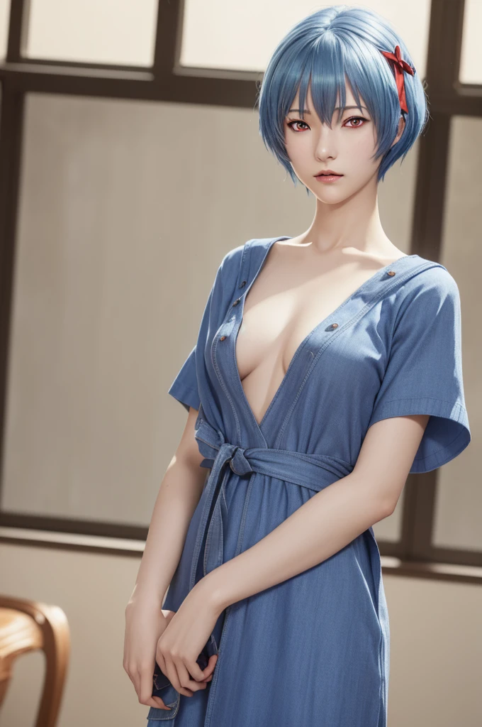 Rayanami, Rei Ayanami, Blue Hair, short hair, (Red eyes:1.5), (Small breasts:1.2),
break blue dress, dress, neck ribbon, pinafore dress, red ribbon, ribbon, , Short sleeve, short-sleeved sweater, sweater,
break indoors, classroom,
break looking at viewer, (Cowboy Shot:1.5),
break (masterpiece:1.2), Highest quality, High resolution, unity 8k wallpaper, (figure:0.8), (Beautiful attention to detail:1.6), Highly detailed face, Perfect lighting, Highly detailed CG, (Perfect hands, Perfect Anatomy),