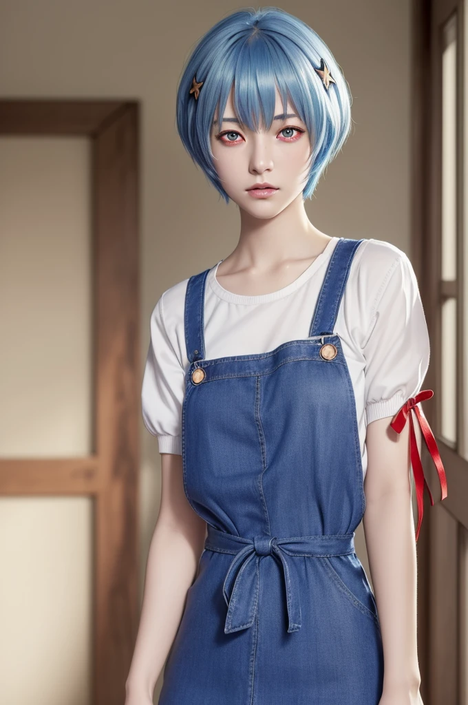 Rayanami, Rei Ayanami, Blue Hair, short hair, (Red eyes:1.5), (Small breasts:1.2),
break blue dress, dress, neck ribbon, pinafore dress, red ribbon, ribbon, , Short sleeve, short-sleeved sweater, sweater,
break indoors, classroom,
break looking at viewer, (Cowboy Shot:1.5),
break (masterpiece:1.2), Highest quality, High resolution, unity 8k wallpaper, (figure:0.8), (Beautiful attention to detail:1.6), Highly detailed face, Perfect lighting, Highly detailed CG, (Perfect hands, Perfect Anatomy),