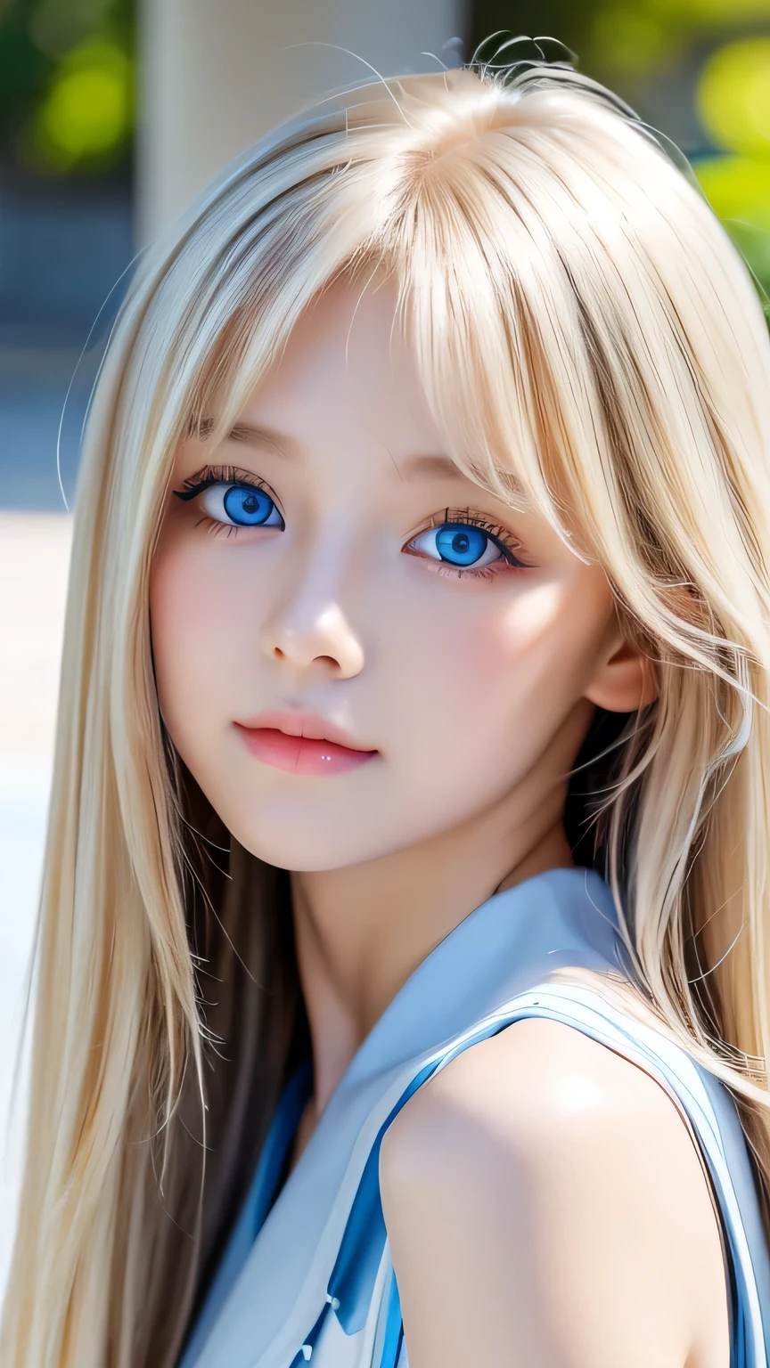 Very beautiful face、A beautiful girl、Super Long Hair、windy silky blonde super long hair、Swinging bangs、Cute sexy 16 year old blonde girl with light blue eyes、Hair above the eyes、片Hair above the eyes、Hair between the eyes、Big bright light blue eyes that shine so beautifully、eyeliner、Bright expression、