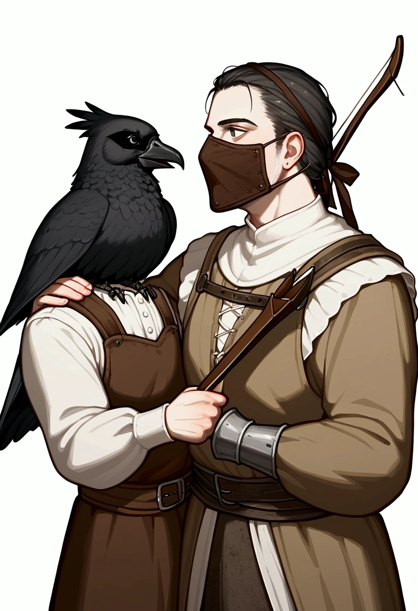 White background,A person,looking left,holding a bow and arrow straight,the person wears black medieval clothes,old and shabby,with a mask that goes from the nose to the forehead,the mask has black eyes,the mask is dark gray,with feathers on the head and a crow&#39;s beak,a white man