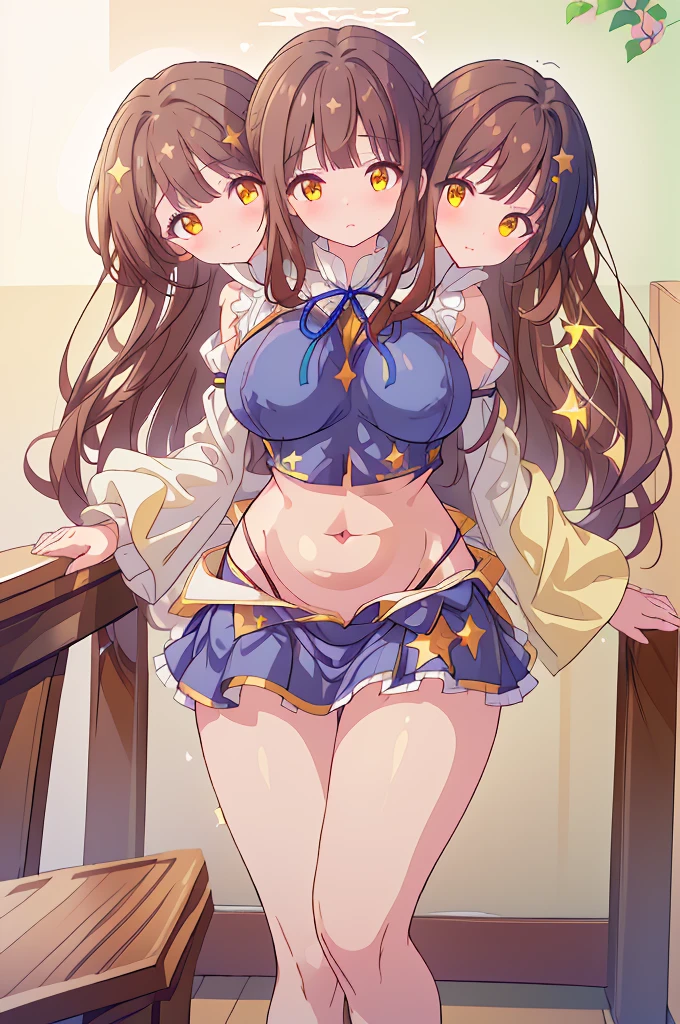 (masterpiece, best quality), best quality, (ultra-detailed), ((3heads:1.5)), 1girl, (star sapphire:1.3), masterpiece, best quality, ultra quality, ultra resolution, ultra detail, white top, crop top, ((stomach)), midriff, ((groin)), open midriff, white and blue skirt, miniskirt, normal ears, shackles, dark brown hair, ((brunette)), very long hair, wavy hair, sidelocks, yellow eyes, detailed eyes, parted lips, fairy wings, sweat, cute, open belly, toned belly, hand on own chest, eyelashes, (24 year old woman:1.3), (masterpiece:1.5), (best quality:1.5), (beautiful detailed), extremely detailed CG, extremely delicate and beautiful, depth of field, (finely detailed face), (perfect details:1.2), (mature female:1.3), wide pelvis, slender, large veiny breast, 16k resolution, highres, high quality, high definition, extremely detailed, masterpiece, dark brown hair, long hair, alluring presence, braid, short skirt, miniskirt, close up, very big , huge , young, blue ribbon attached to the hair, butterfly-shaped wings, open belly, midriff, nsfw, bare stomach, girl with three heads, three headed girl,