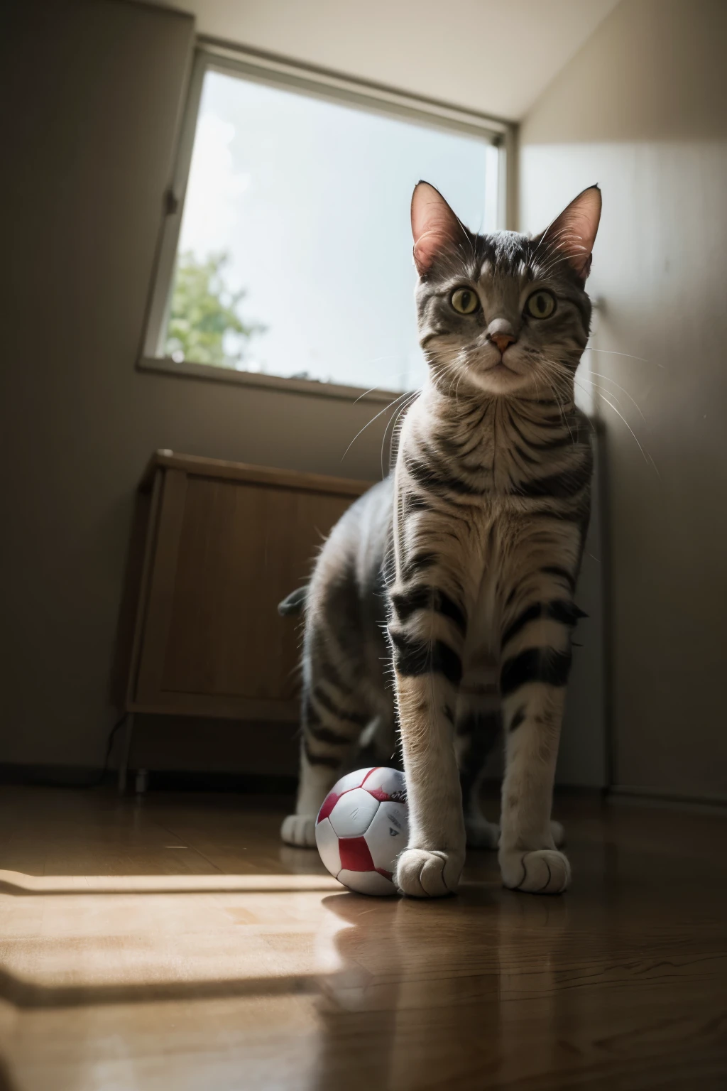 cat playing ball, Minimalism, cinematic lighting, masterpiece