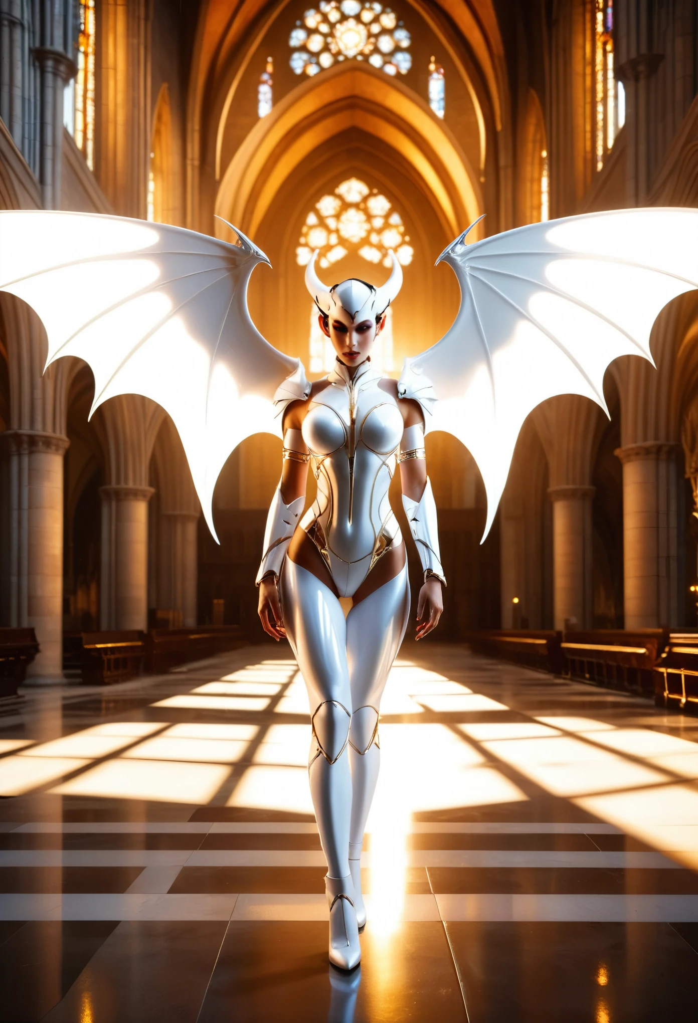 Photorealistic image, cyborg succubus with ((white Glossy plastic skin)), glossy and reflective surface, ((white demon wings)), rule of thirds composition, golden hour lighting, Inside Cathedral, high contrast,cyborg,dynamic Angle,Full Body