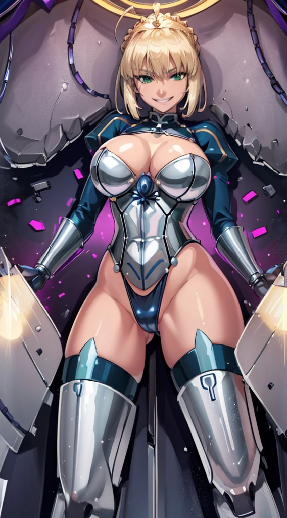(Highest quality:1.3), Artoria Pendragon by Gate, ((Ahego)), Big Breasts, Cleavage, Fascinating, sexy face, sexy, Curved body, big ass, big , (Bodysuits), (graduate School), Grin、With a creepy smile, A smile with downturned corners, Spread your legs,Open your chest wide,culture tank,Anatomically correct,