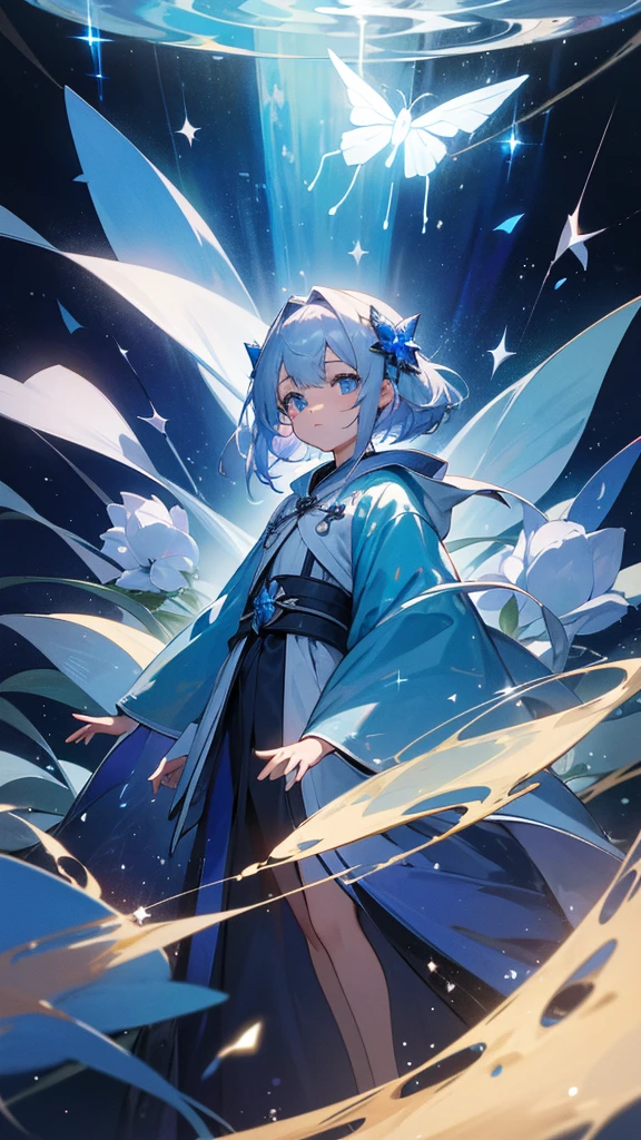 Highest quality,masterpiece,colorful,The background is the deep blue sea,Transparency,Use HDR technology to create a sense of depth,beautiful,beautiful自然,5  girl,Alone,Wearing a wizard's robe,Stand in the center of the screen,The whole body faces this way,Look diagonally forward to the left,Put your right hand forward in a three-dimensional way,A star-like light from the right,Light magic from the right hand,Narrow and gentle eyes,mysterious,Silver hair decorated with blue flowers,Fantasy atmosphere,beautiful虹色の蝶々is flying in the air