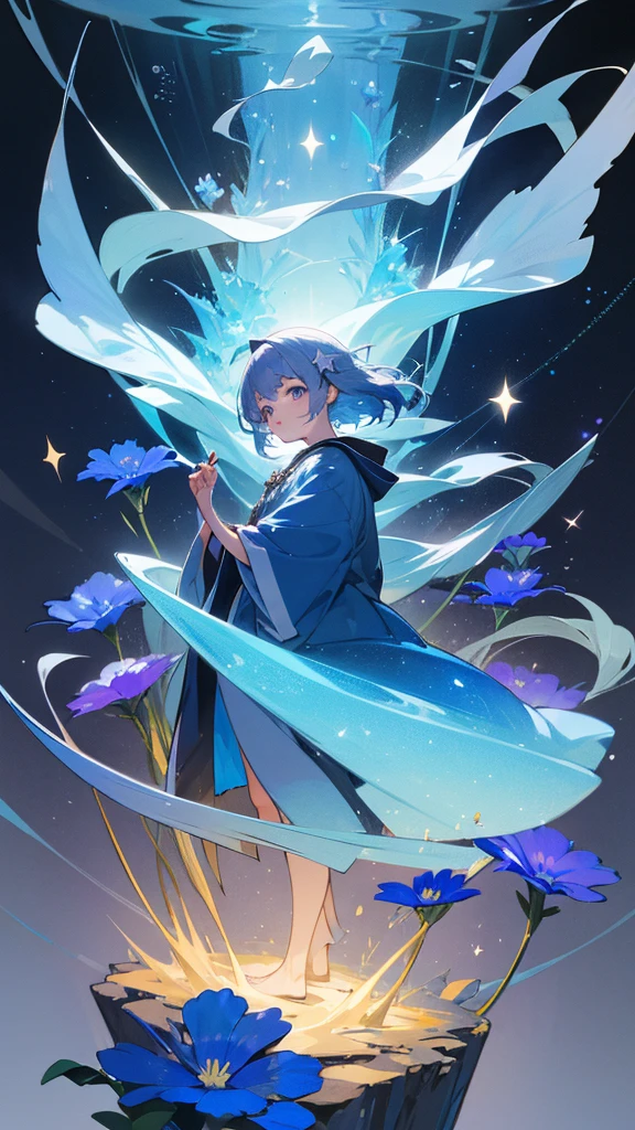 Highest quality,masterpiece,colorful,The background is the deep blue sea,Transparency,Use HDR technology to create a sense of depth,beautiful,beautiful自然,5 year old girl,Alone,Wearing a wizard's robe,Stand in the center of the screen,The whole body faces this way,Look diagonally forward to the left,Put your right hand forward in a three-dimensional way,A star-like light from the right,Light magic from the right hand,Narrow and gentle eyes,mysterious,Silver hair decorated with blue flowers,Fantasy atmosphere,beautiful虹色の蝶々is flying in the air