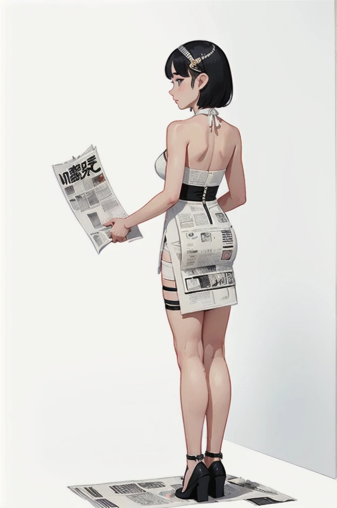 (masterpiece, Highest quality, Highest quality, Official Art, Beauty and aesthetics: 1.2), (1 Girl: 1.3), Very detailed, colorful, Most detailed ((Very detailedな)), (Highly detailed CG illustrations), (Very delicate and beautiful), (From the back), Cinematic lighting, ((1 Girl)), single, completion, (Paper Ensemble: 1.2), ((Newspaper clothing)), (newsprint attire), (Not tied down), (Genuine), (Paper attached to hands and feet ), (身体newsprint), (Genuine, (Covered, ((首にnewsprintを巻き付けた)), (Are standing), (Expressionless, (Character Focus), sf, White Background, (newsprint: 1.5)
