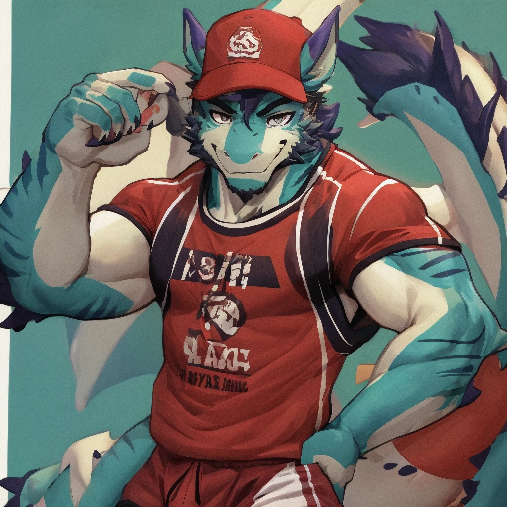 A slim adult male anthro dragon with furry body and sexy face and half body looking at the viewer. The furry cat has sports clothes with a red cap covering his eyes 