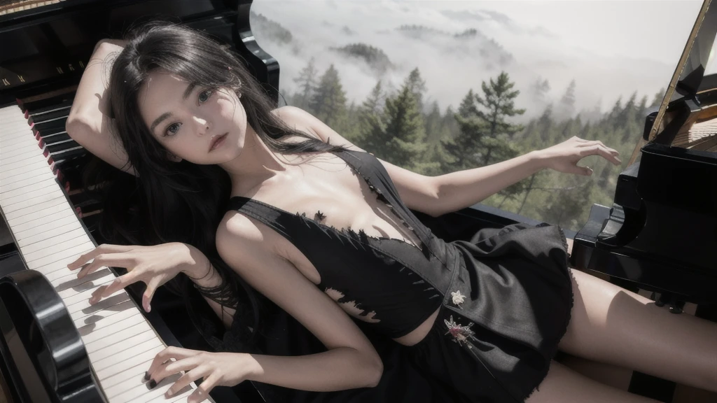 High resolution, (masterpiece:1.4), Very detailed, One girl, View from above, space, floating, (((Playing the piano)))、(((Black torn dress)))、Serious expression、in the forest、In the fog、Black Hair