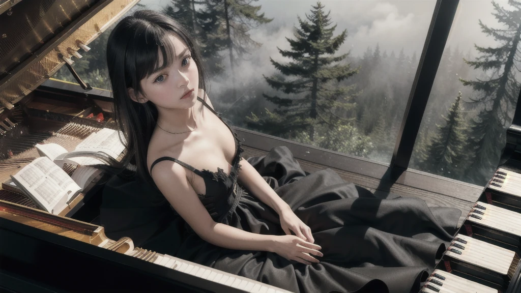 High resolution, (masterpiece:1.4), Very detailed, One girl, View from above, space, floating, (((Playing the piano)))、(((Black torn dress)))、Serious expression、in the forest、In the fog、Black Hair